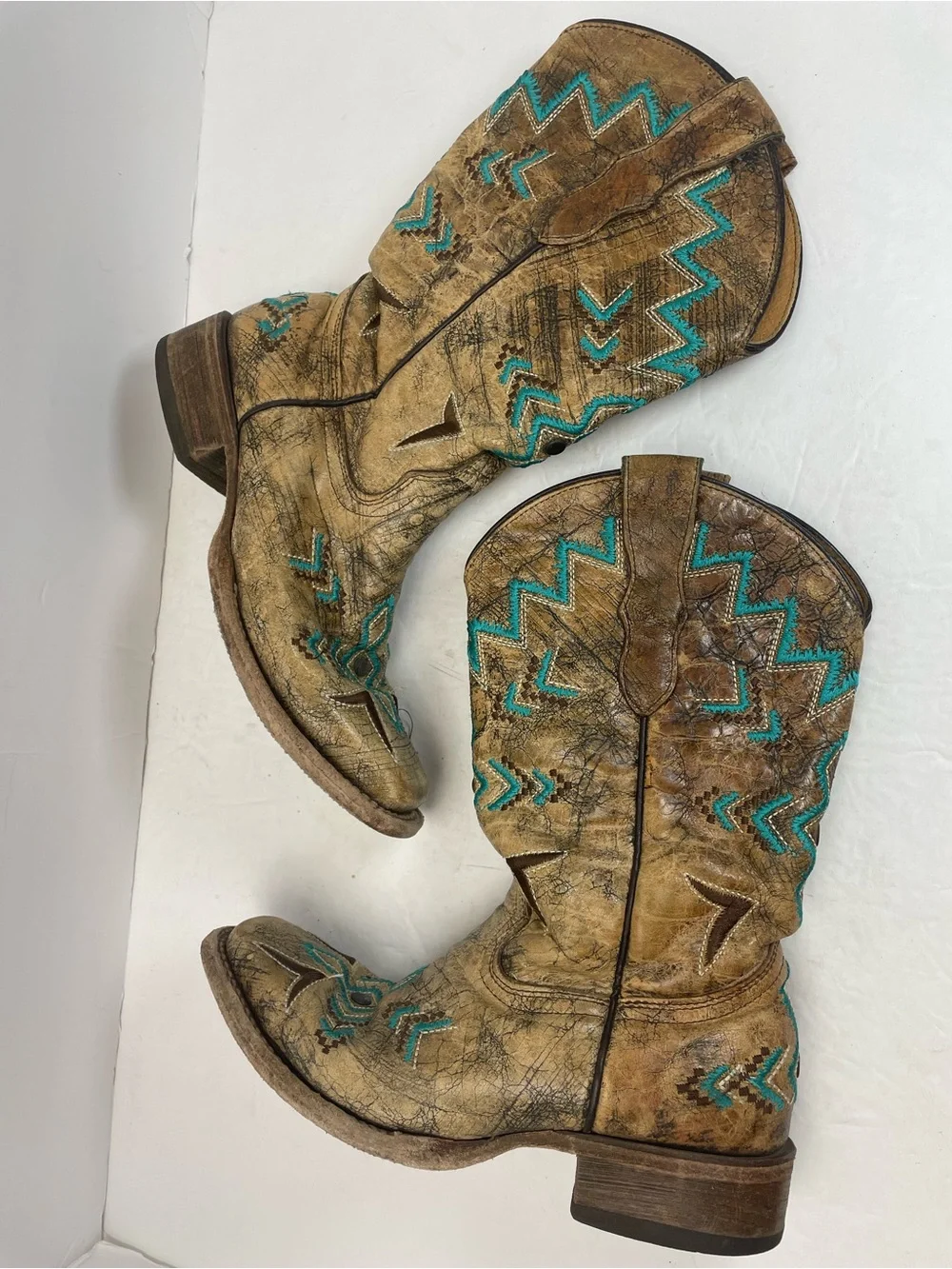 Corral Teens Cowboy Boots Girls Size 3 Tan Turquoise Embroidered Western